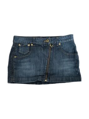 Guess Denim Mini Skirt Diagonal Zip Size 28 Dark Wash Gold